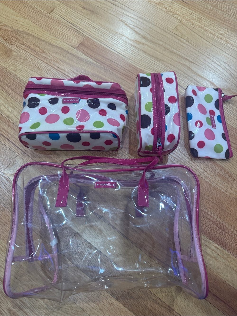 Modella Clear Tote and Polka Dot Accessory Set in Pink, Green, Blue and Black